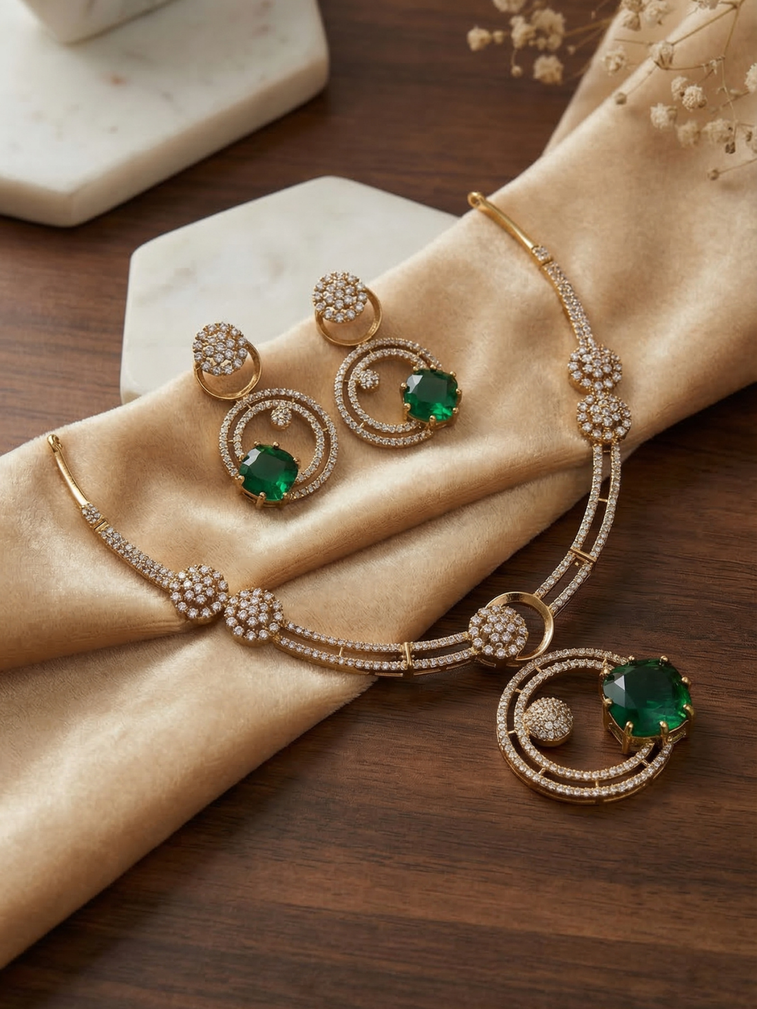 Green Stone CZ Spiral Pendant Necklace Set with Earrings