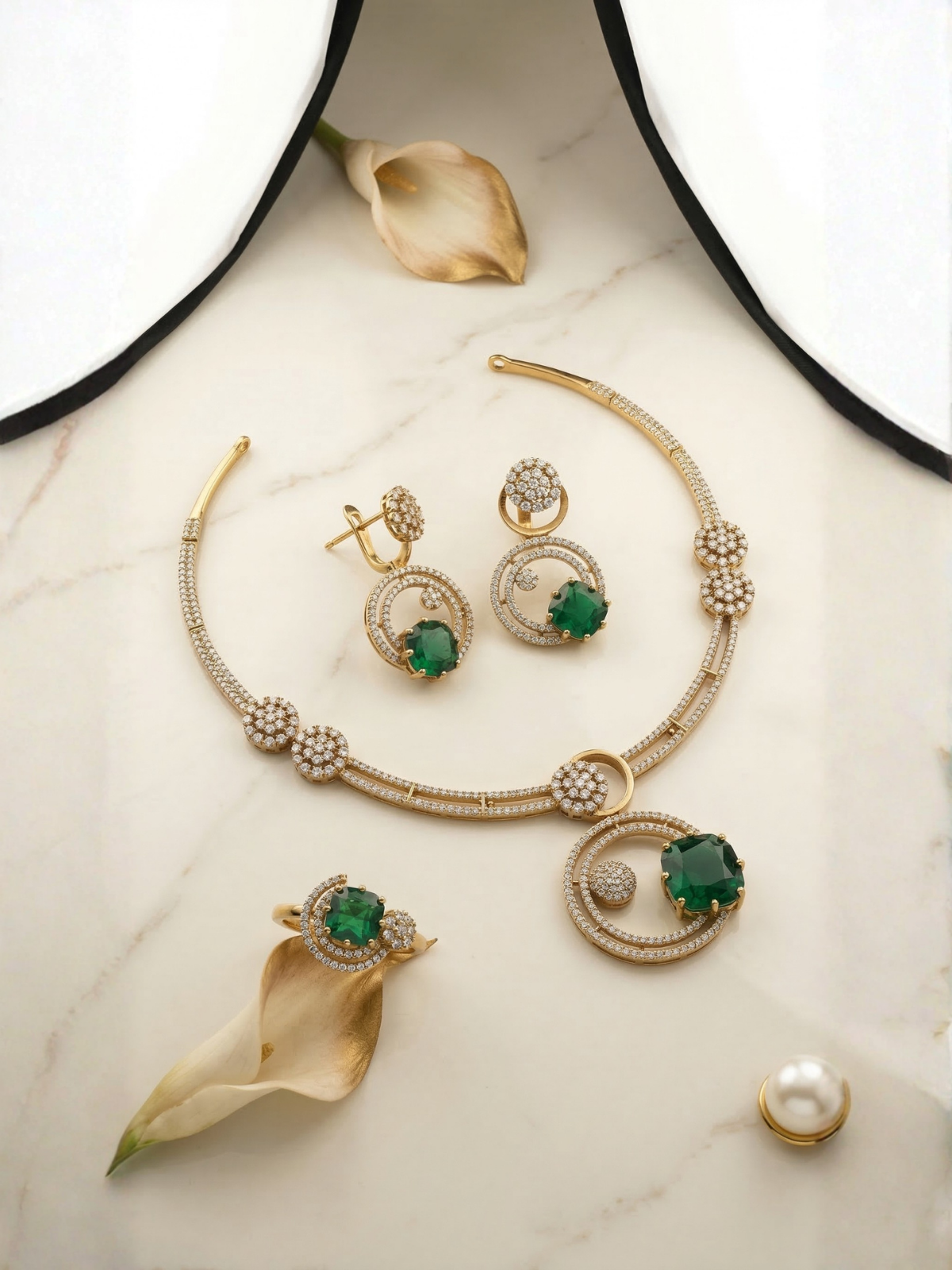Green Stone CZ Spiral Pendant Necklace Set with Earrings
