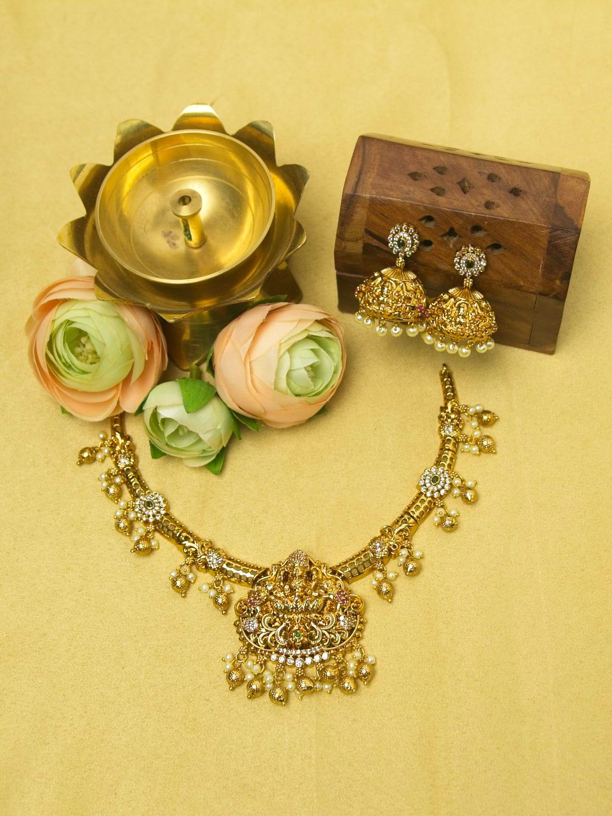 Lakshmi Vaibhava Hasli Bridal Set with Pearl Drops & Jhumkas-A Royal Statement Piece