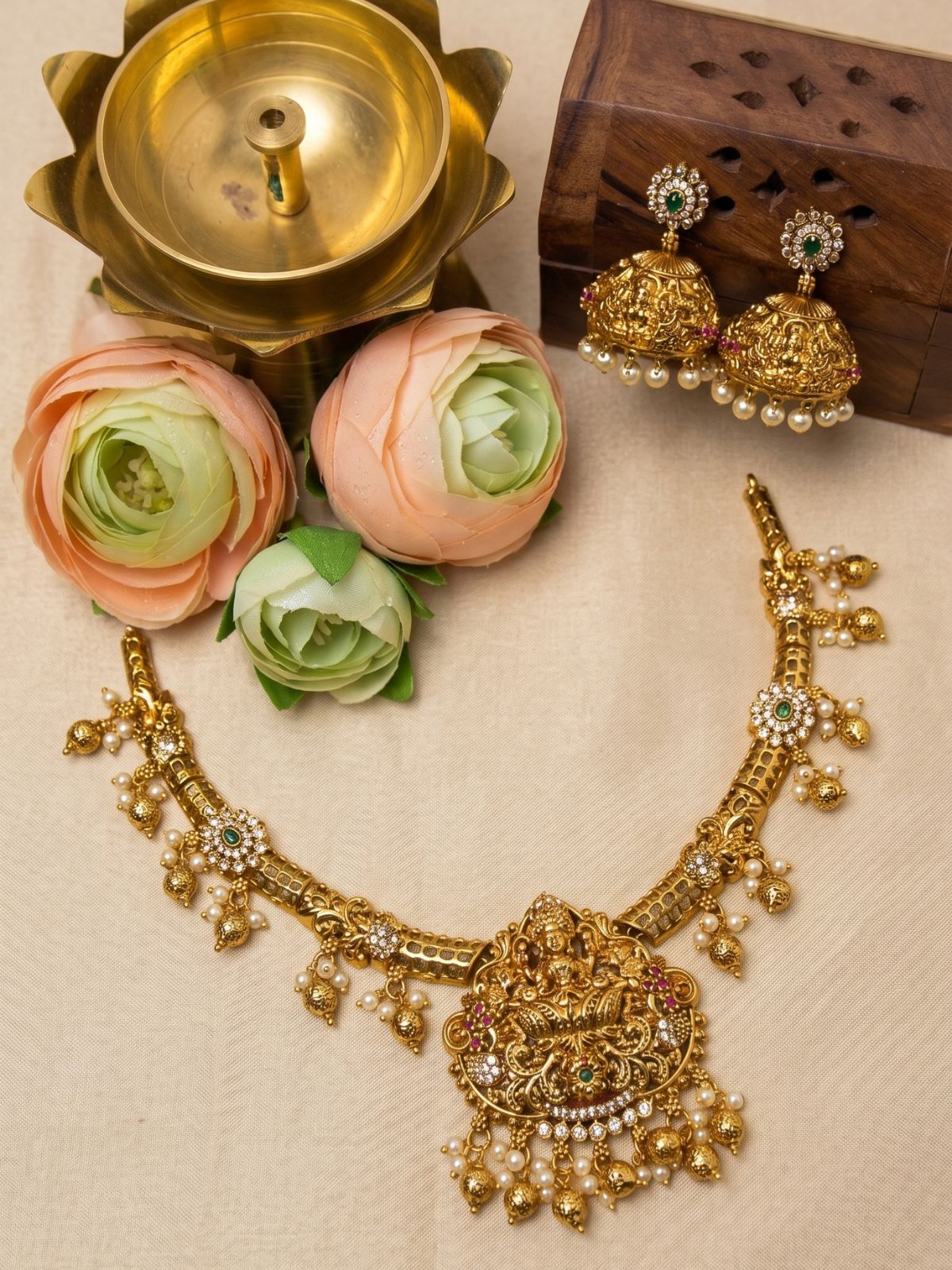 Lakshmi Vaibhava Hasli Bridal Set with Pearl Drops & Jhumkas-A Royal Statement Piece