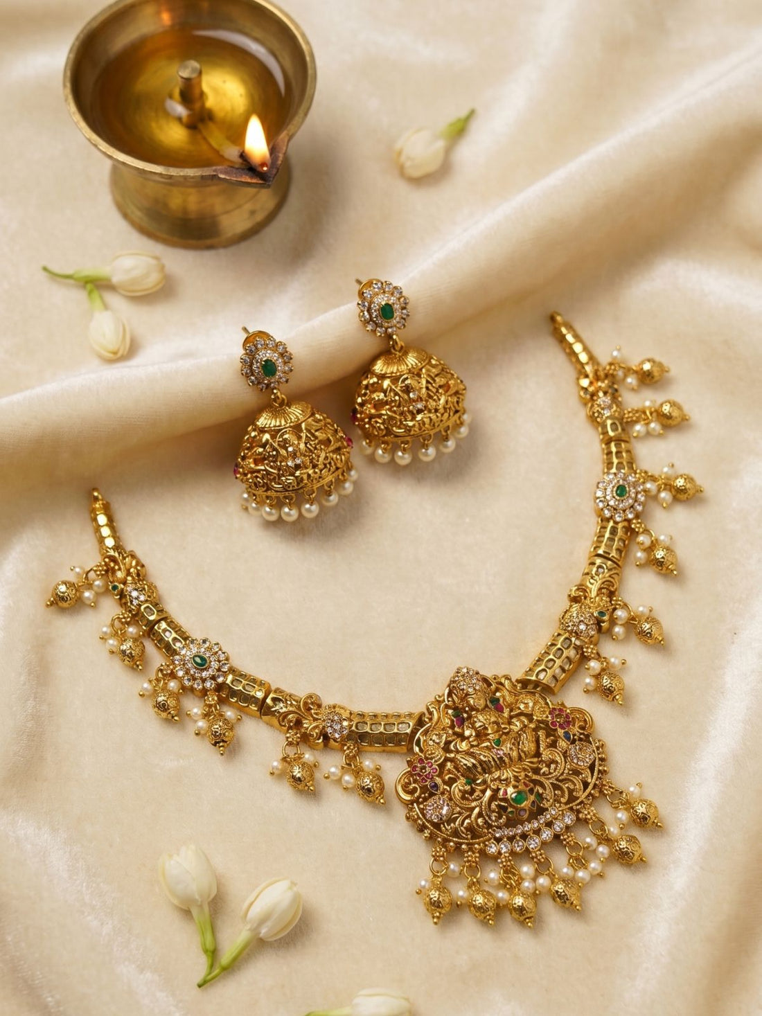 Lakshmi Vaibhava Hasli Bridal Set with Pearl Drops & Jhumkas-A Royal Statement Piece