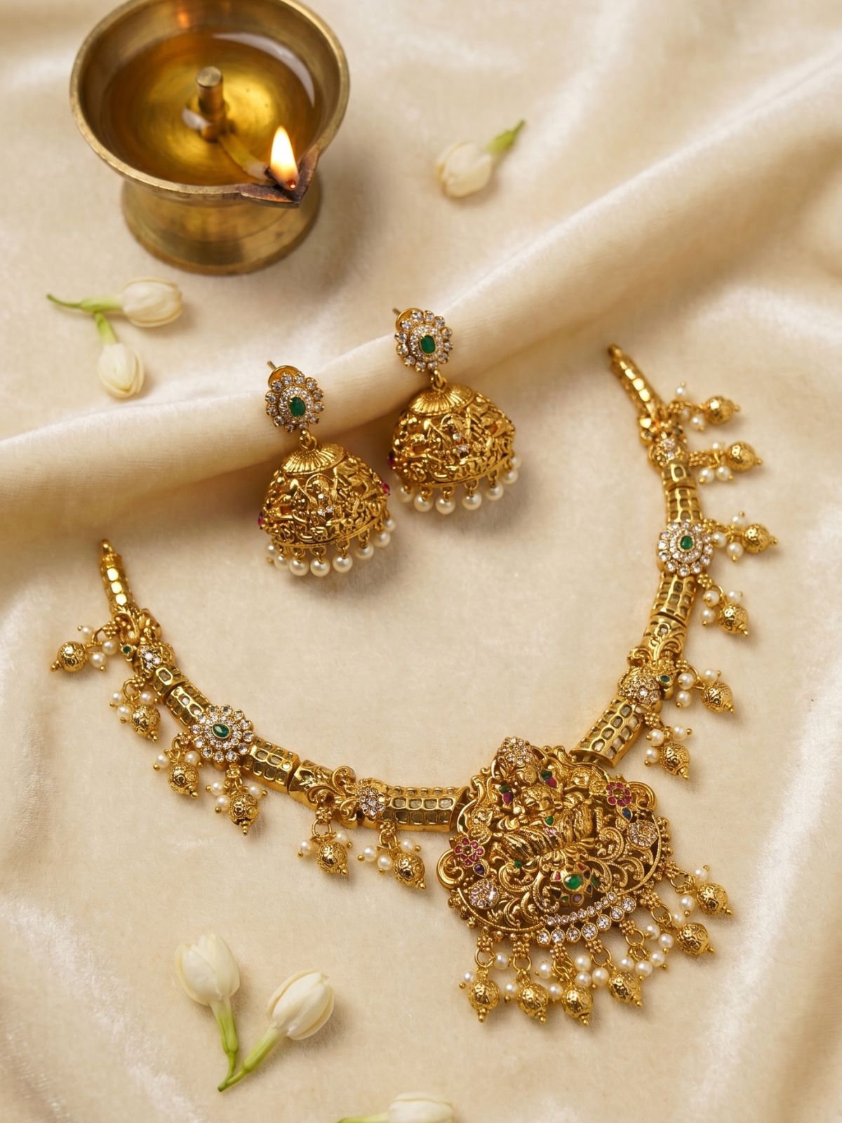 Lakshmi Vaibhava Hasli Bridal Set with Pearl Drops & Jhumkas-A Royal Statement Piece