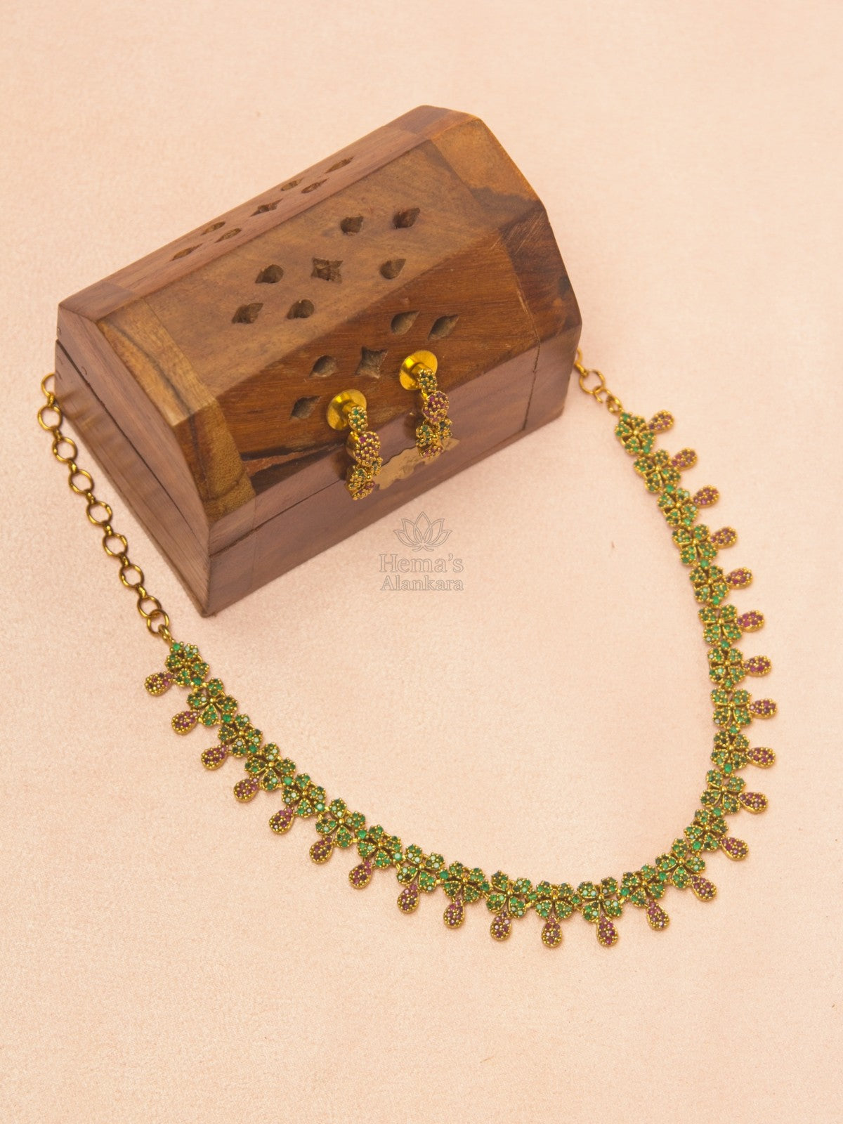 Antique Green & Ruby Floral Choker Necklace Set with Matching Earrings | Premium Imitation Jewellery