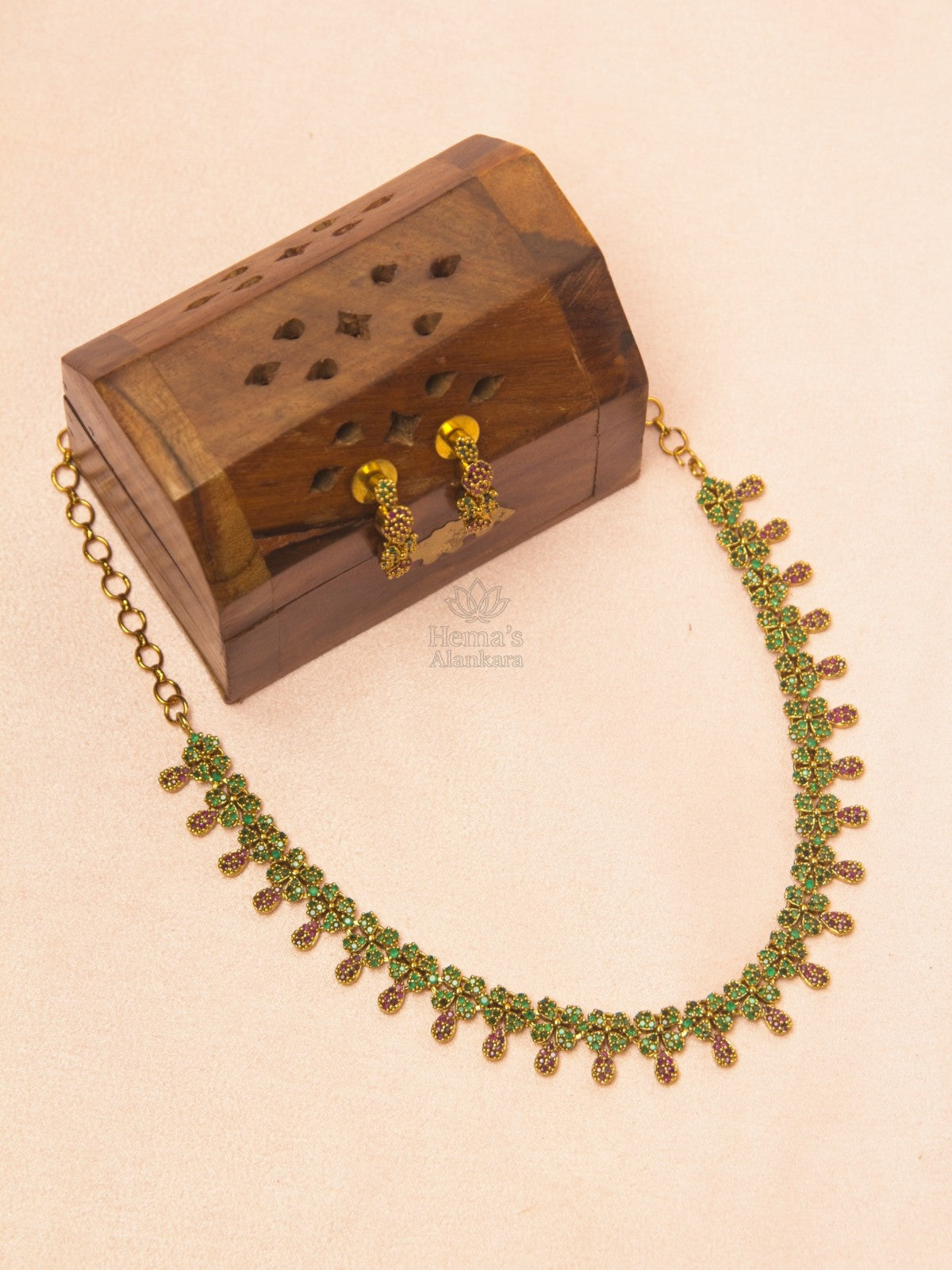 Antique Green & Ruby Floral Choker Necklace Set with Matching Earrings | Premium Imitation Jewellery