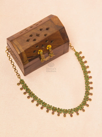 Antique Green & Ruby Floral Choker Necklace Set with Matching Earrings | Premium Imitation Jewellery