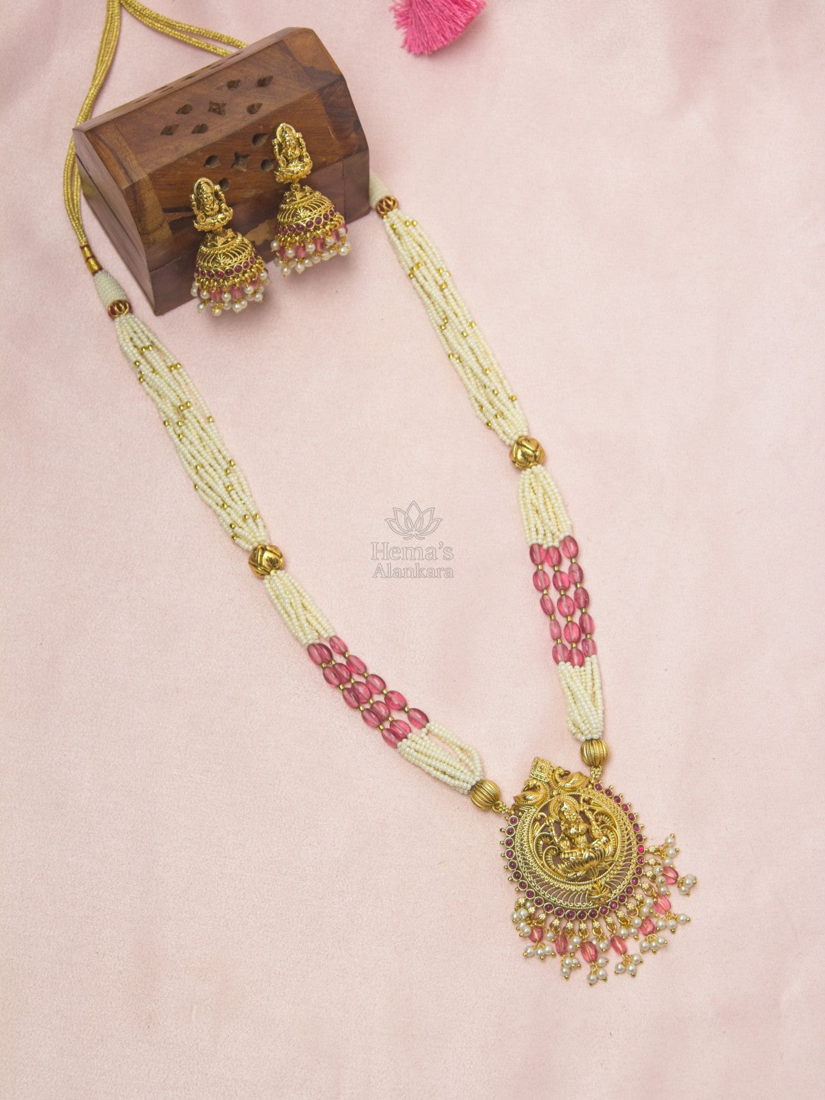 Temple Lakshmi White Bead Necklace Set with Pink Crystal Beads & Jhumkas