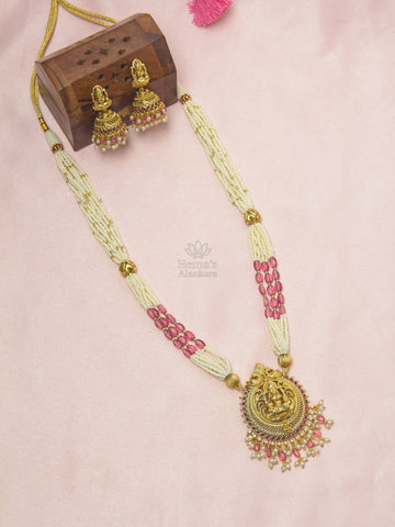 Temple Lakshmi White Bead Necklace Set with Pink Crystal Beads & Jhumkas