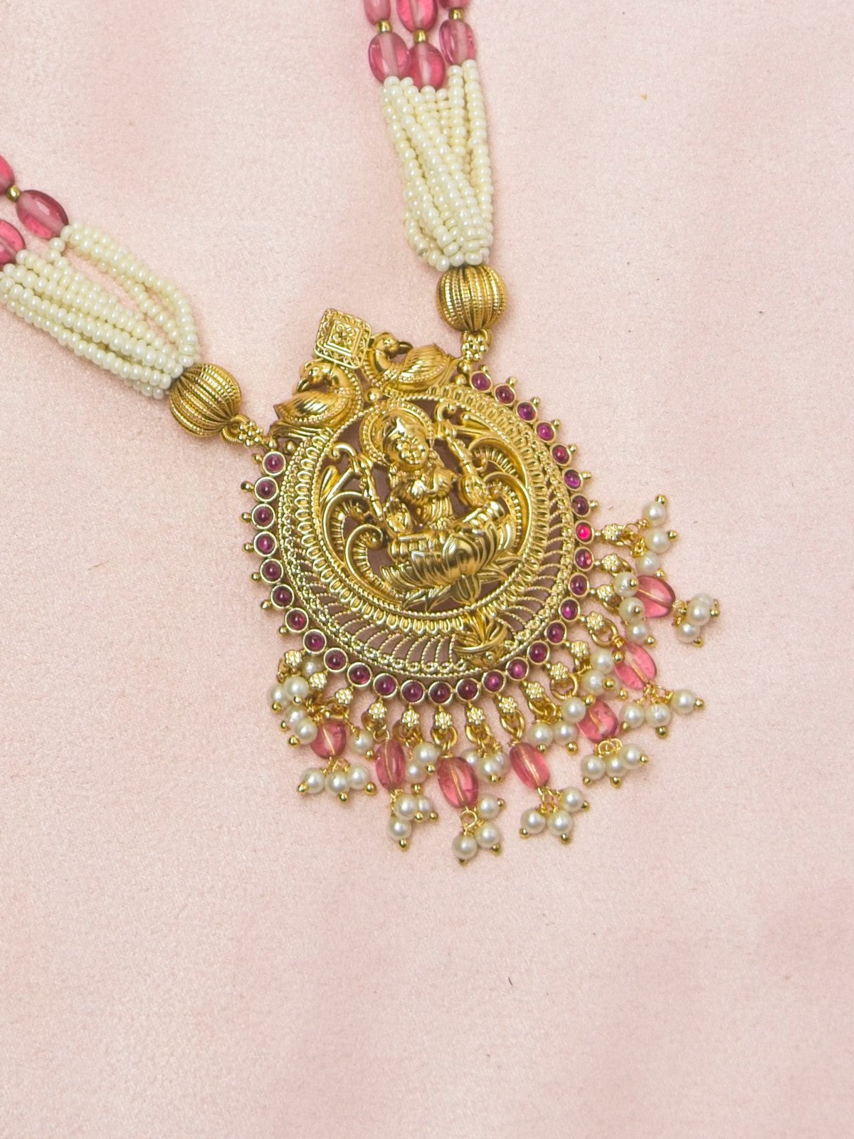 Temple Lakshmi White Bead Necklace Set with Pink Crystal Beads & Jhumkas