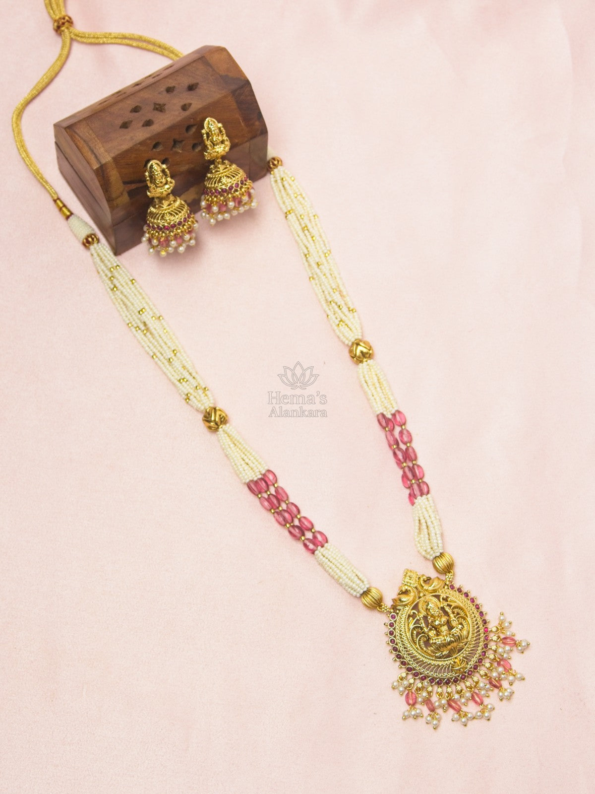 Temple Lakshmi White Bead Necklace Set with Pink Crystal Beads & Jhumkas