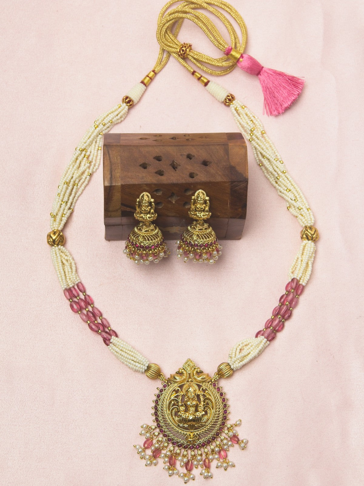 Temple Lakshmi White Bead Necklace Set with Pink Crystal Beads & Jhumkas