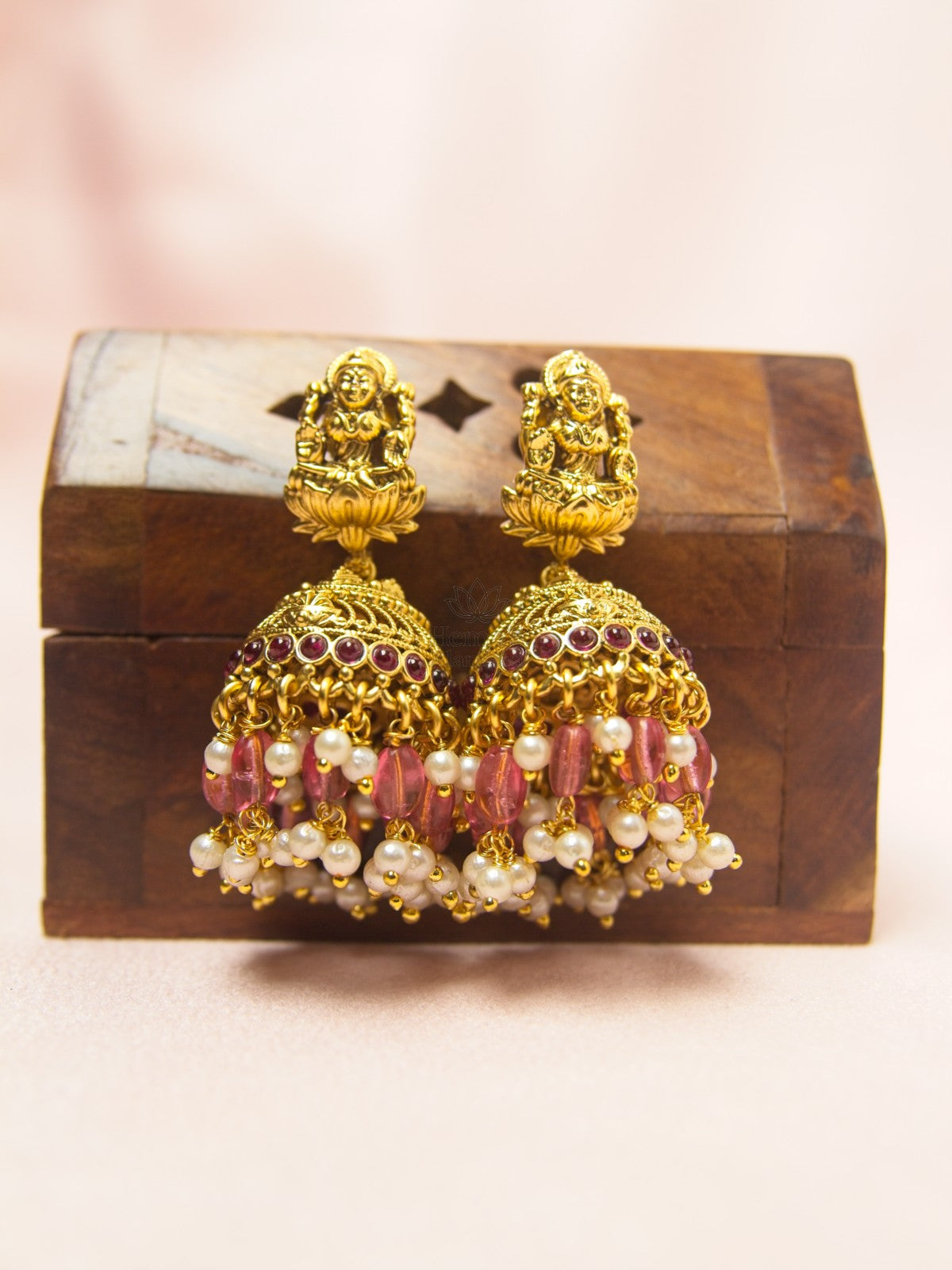 Temple Lakshmi White Bead Necklace Set with Pink Crystal Beads & Jhumkas