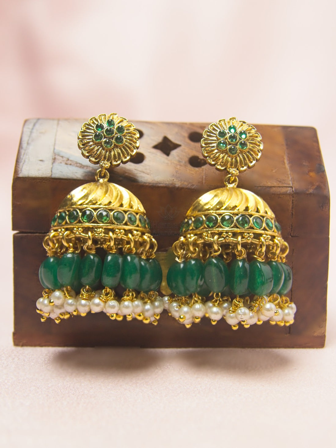 Premium Lakshmi Pendant Green & White Bead Necklace Set with Jhumkas