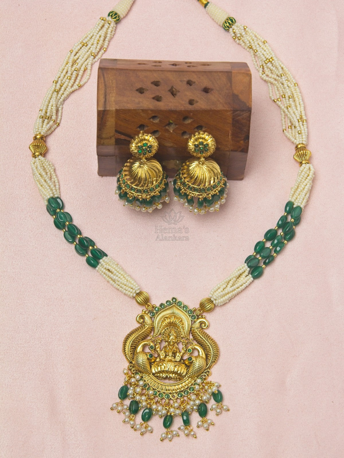 Premium Lakshmi Pendant Green & White Bead Necklace Set with Jhumkas