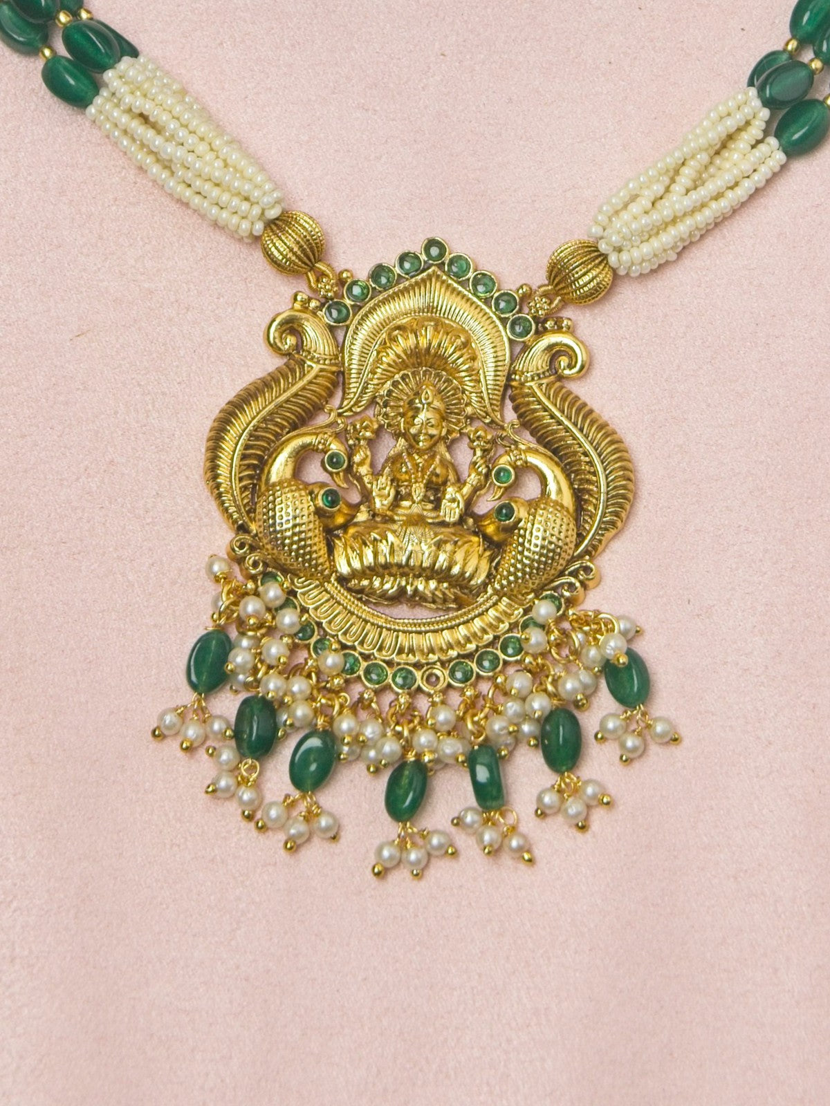 Premium Lakshmi Pendant Green & White Bead Necklace Set with Jhumkas