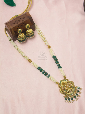 Premium Lakshmi Pendant Green & White Bead Necklace Set with Jhumkas