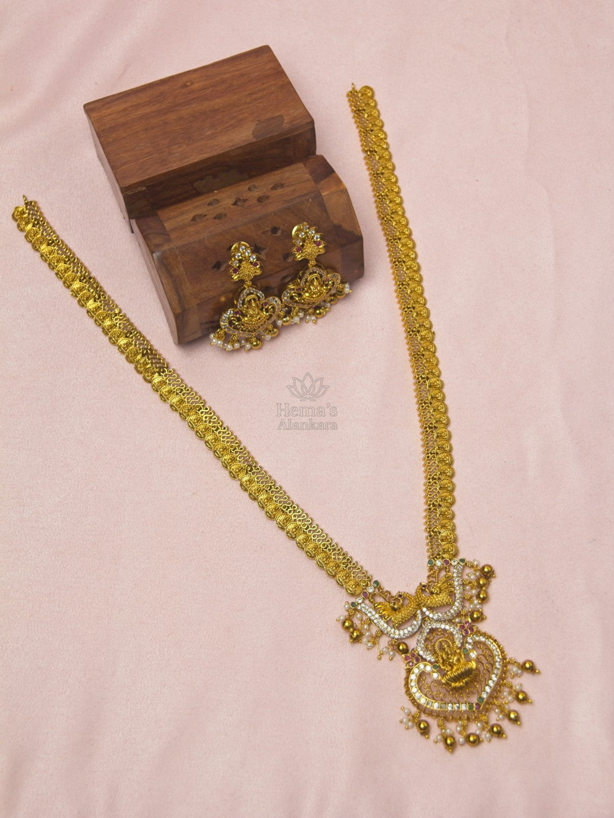 Antique Gold Lakshmi Peacock Temple Haram Set | Antique Gold Bridal Long Necklace with Earrings