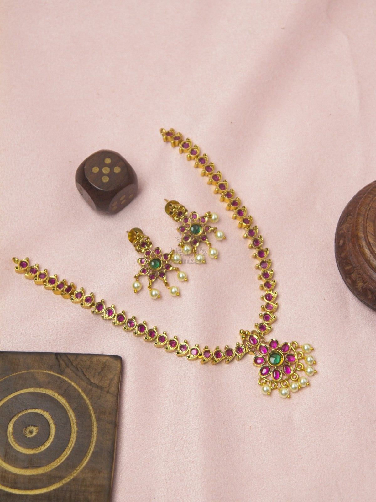 Heritage Kemp Temple Necklace Set with Pearl Drops | Gold Finish Traditional Jewellery