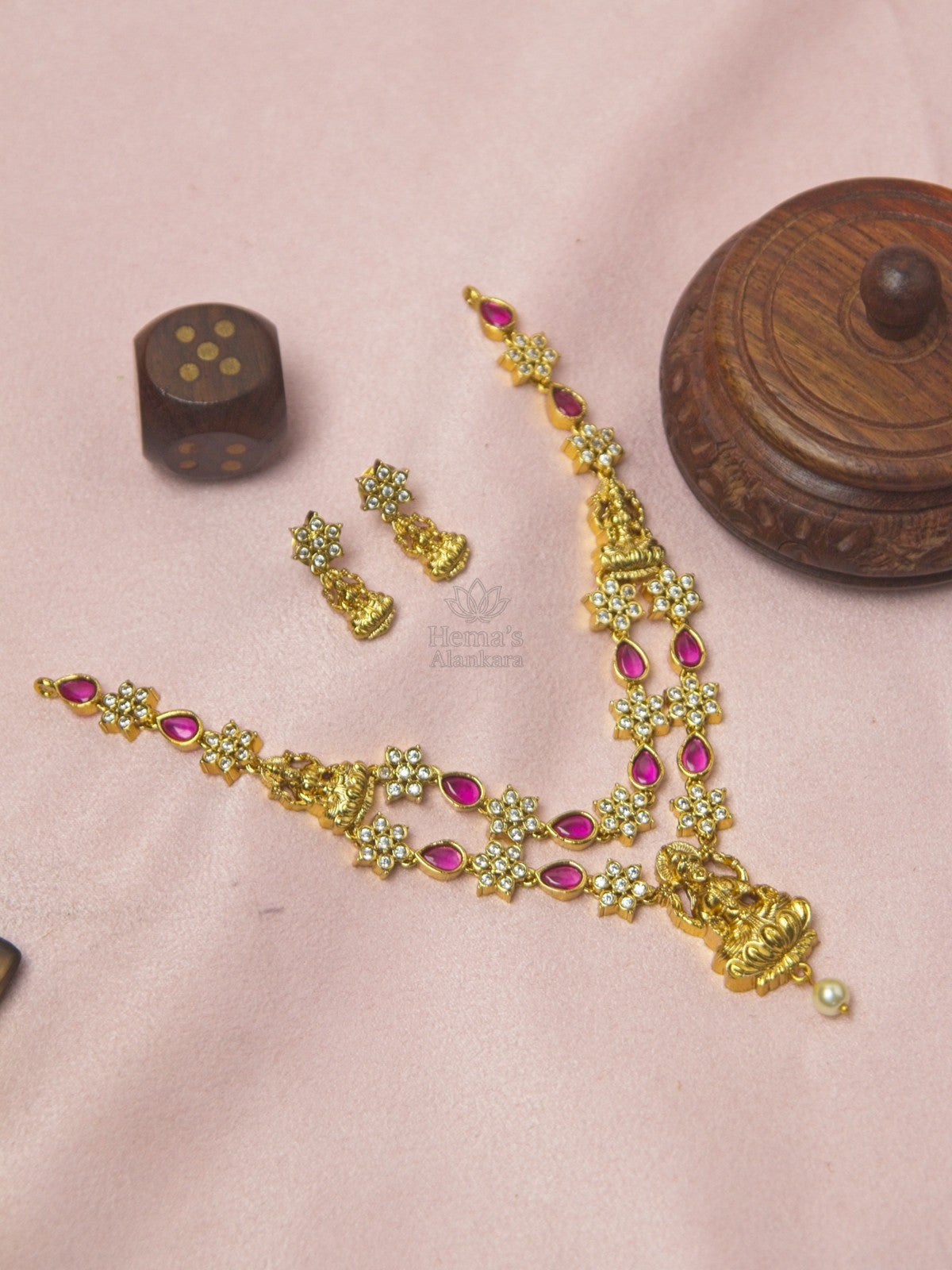 Royal Pink Layered Lakshmi Necklace Set with Earrings | Antique Gold Temple Jewellery