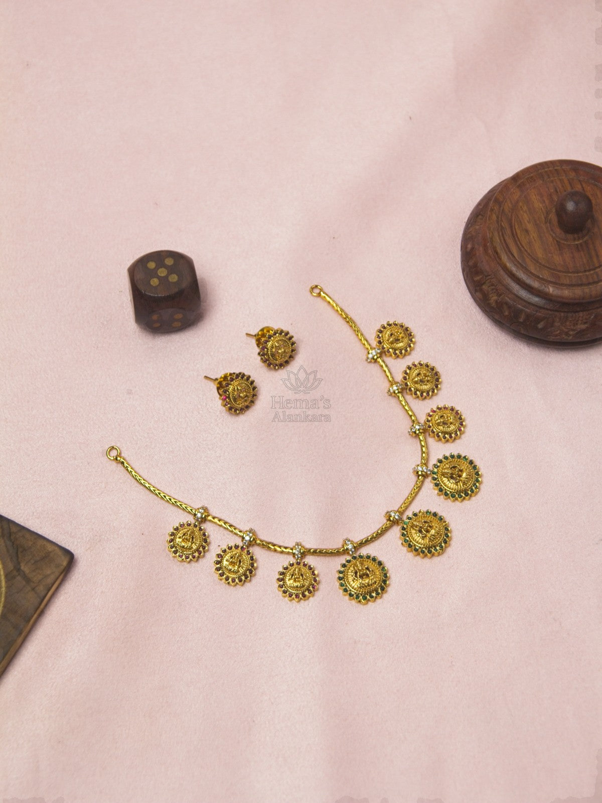 Lakshmi Charm Temple Necklace Set with Stud Earrings | Antique Gold Traditional Jewellery