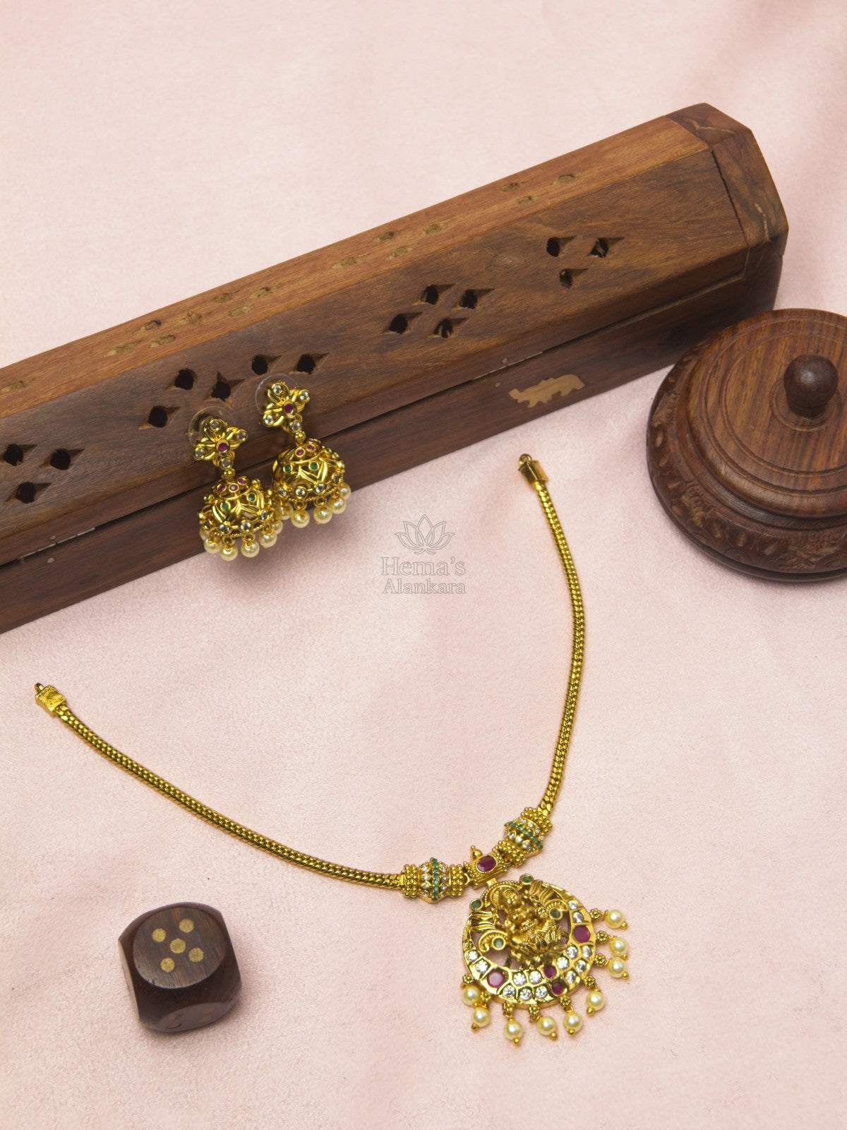Divine Lakshmi Temple Pendant Necklace Set with Jhumka Earrings | Antique Gold Temple Jewellery