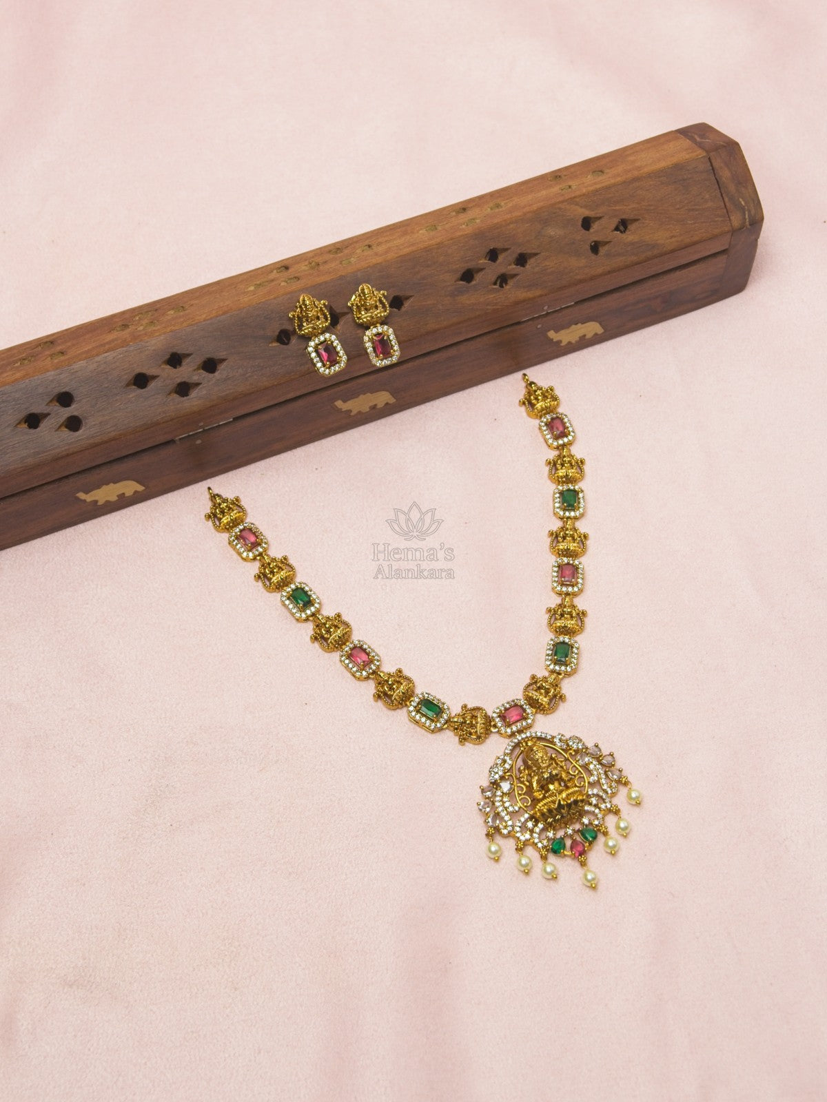 Premium Multistone Lakshmi Necklace with Temple Pendant and Earrings