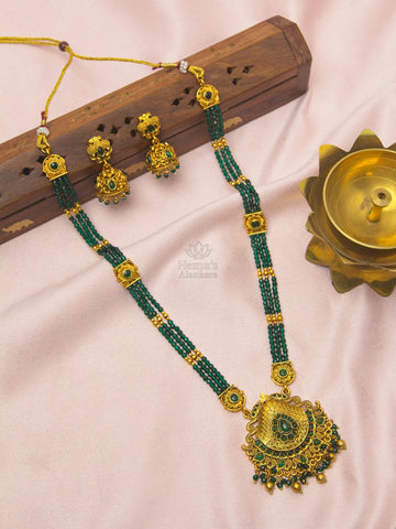 Emerald Heritage Crystal Beaded Long Haram Set with Jhumka Earrings