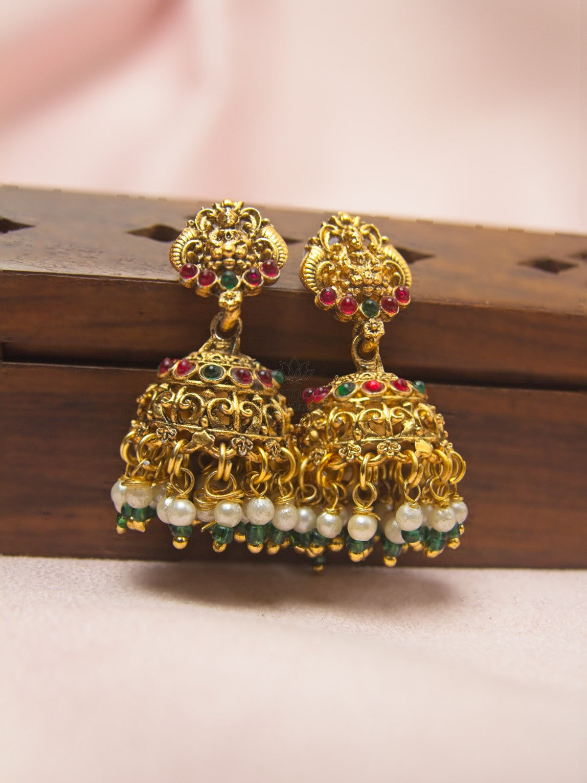 Antique Lakshmi Pista Green Crystal Beaded Haram Set with Jhumkas