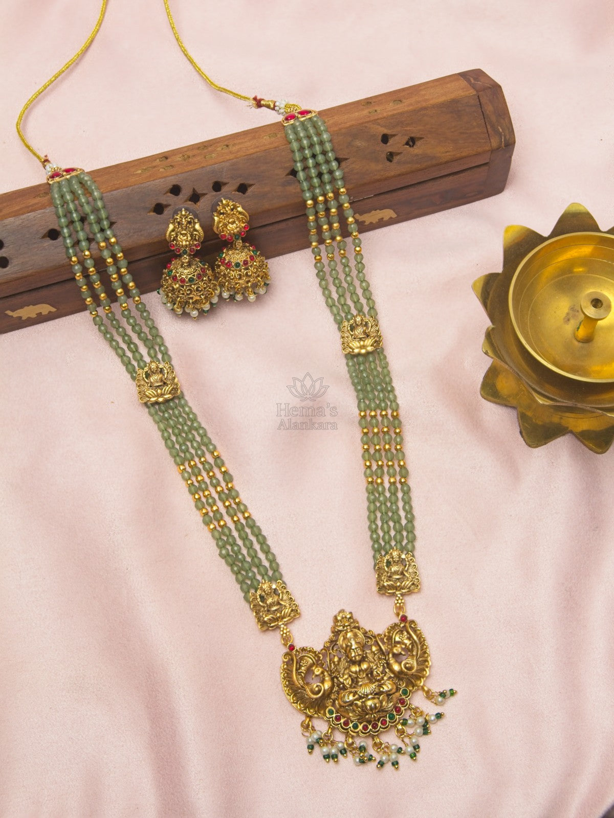 Antique Lakshmi Pista Green Crystal Beaded Haram Set with Jhumkas