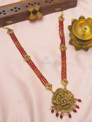 Antique Gold Lakshmi Pendant Red Crystal Beaded Necklace Set with Jhumkas