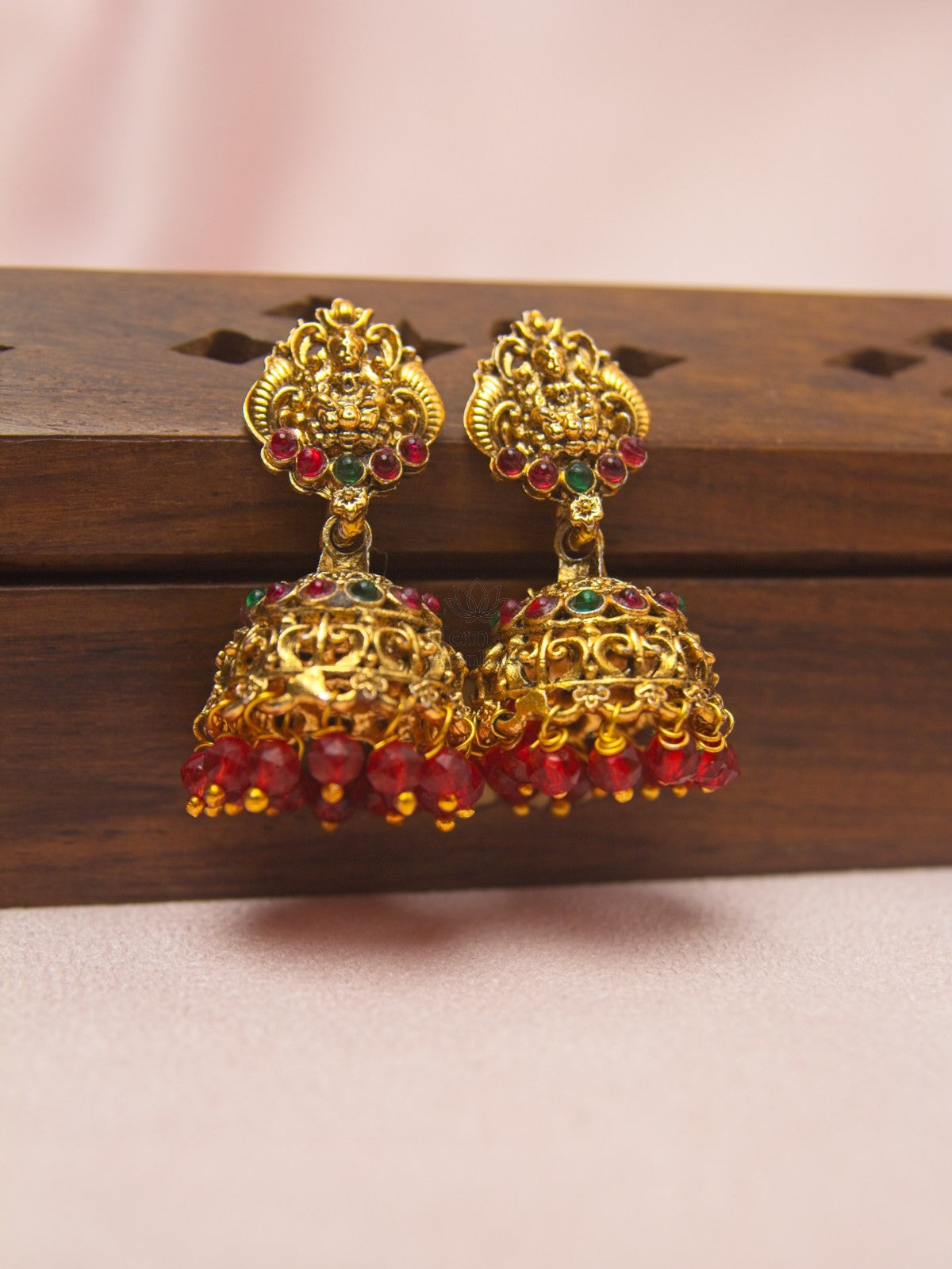 Antique Gold Lakshmi Pendant Red Crystal Beaded Necklace Set with Jhumkas