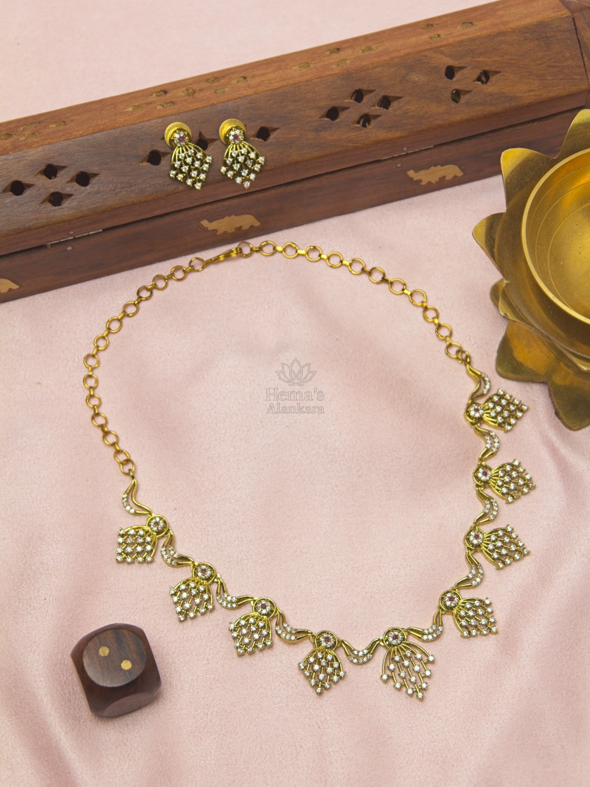 Antique Gold CZ Floral Leaf Necklace Set | Elegant Party Wear