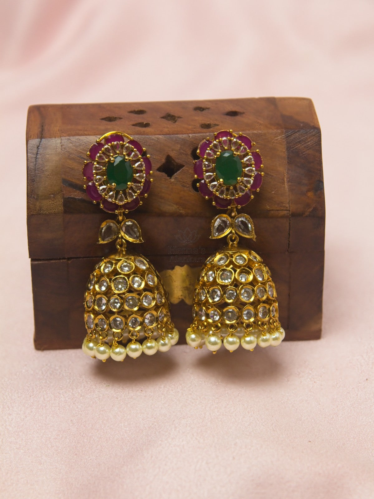 Antique Gold Ruby Emerald Kundan Jhumka Earrings with Pearl Drops