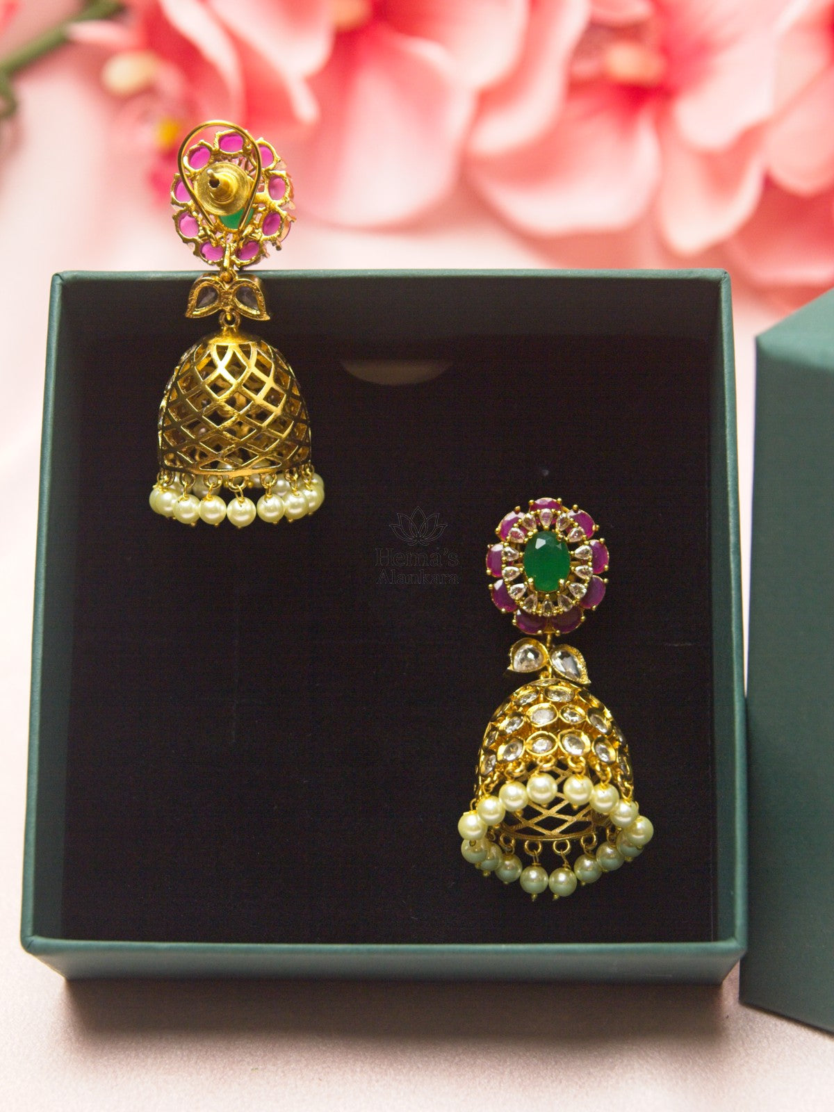 Antique Gold Ruby Emerald Kundan Jhumka Earrings with Pearl Drops