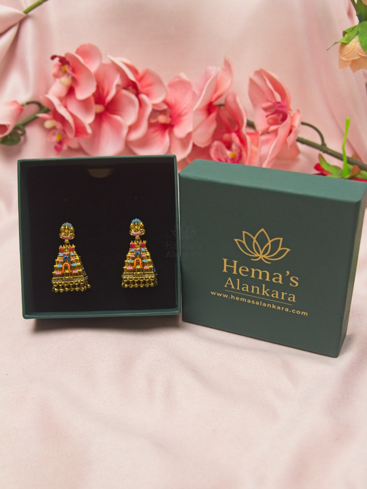 Antique Gold Lakshmi Temple Gopuram Earrings with Multicolor Enamel