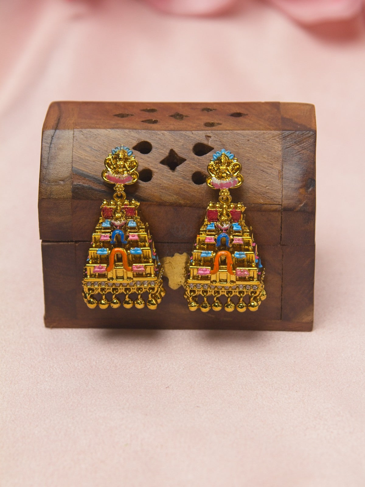 Antique Gold Lakshmi Temple Gopuram Earrings with Multicolor Enamel