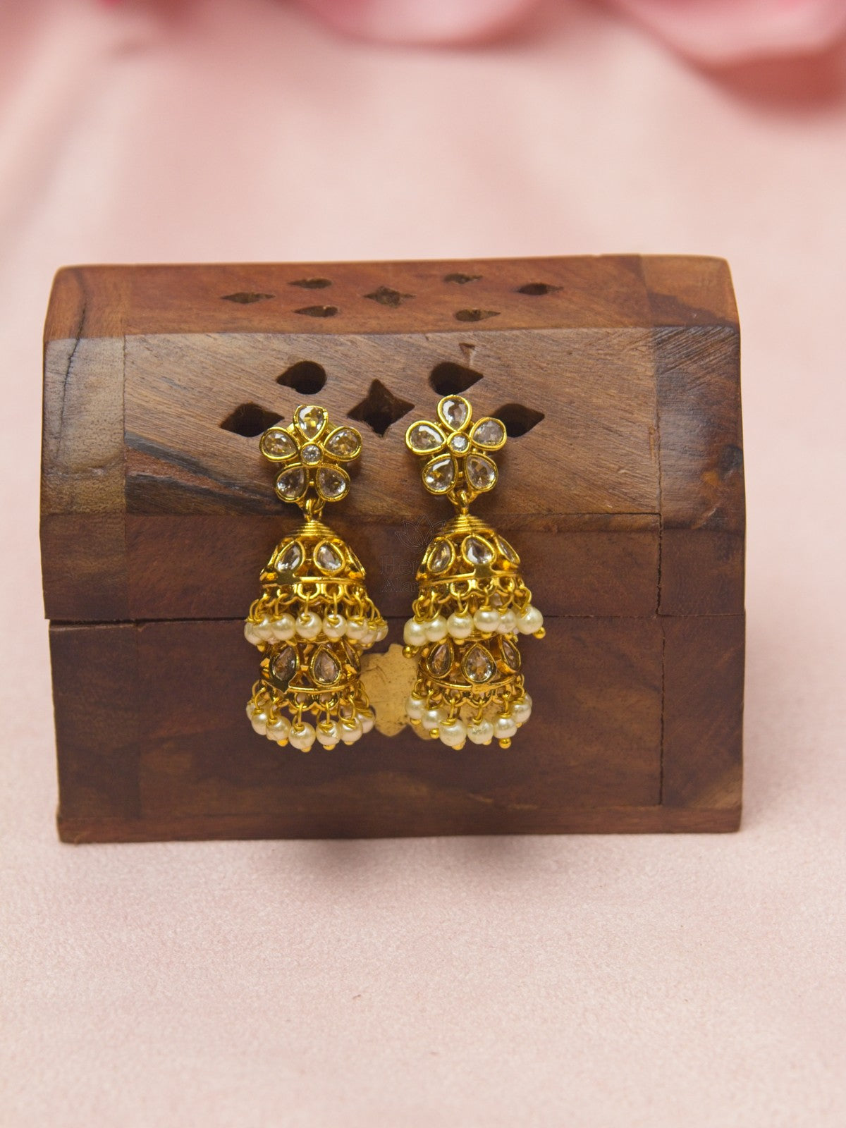 Antique Gold Kundan Pearl Double Layer Jhumka Earrings
