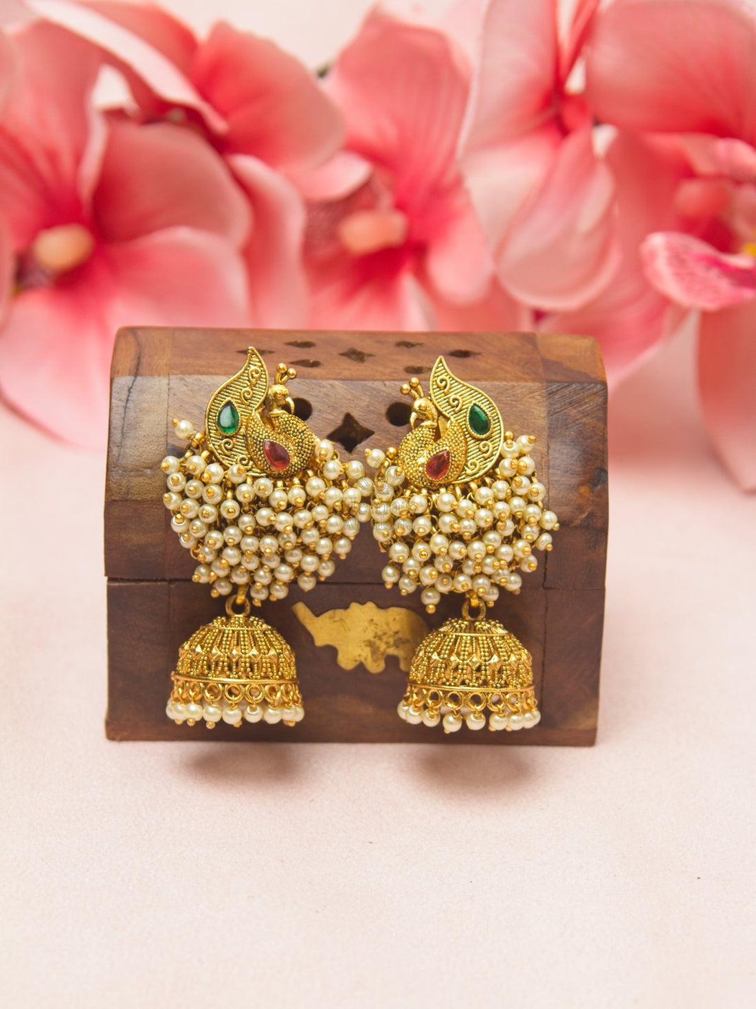 Peacock White Bead Cluster Jhumka Earrings