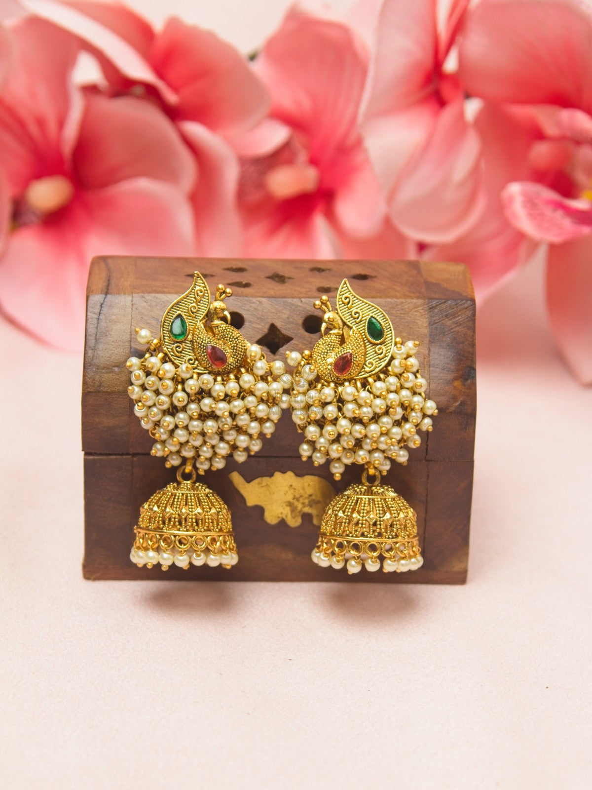 Peacock White Bead Cluster Jhumka Earrings