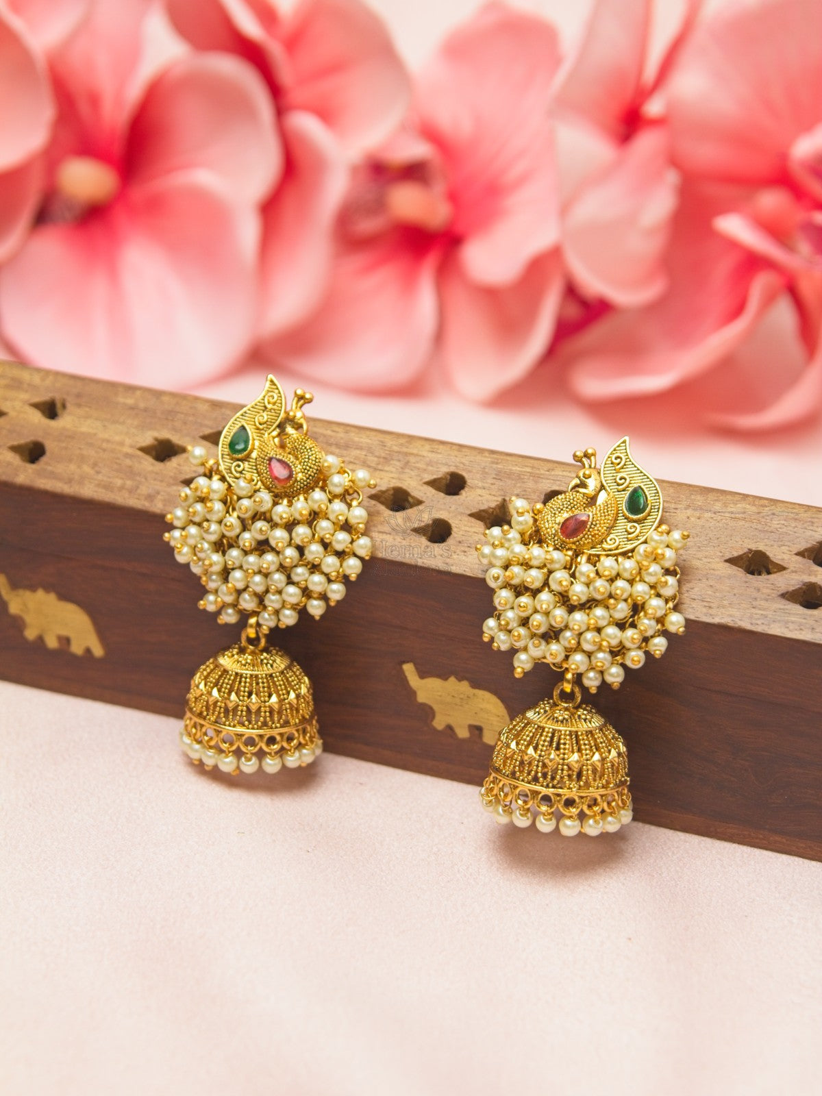 Peacock White Bead Cluster Jhumka Earrings