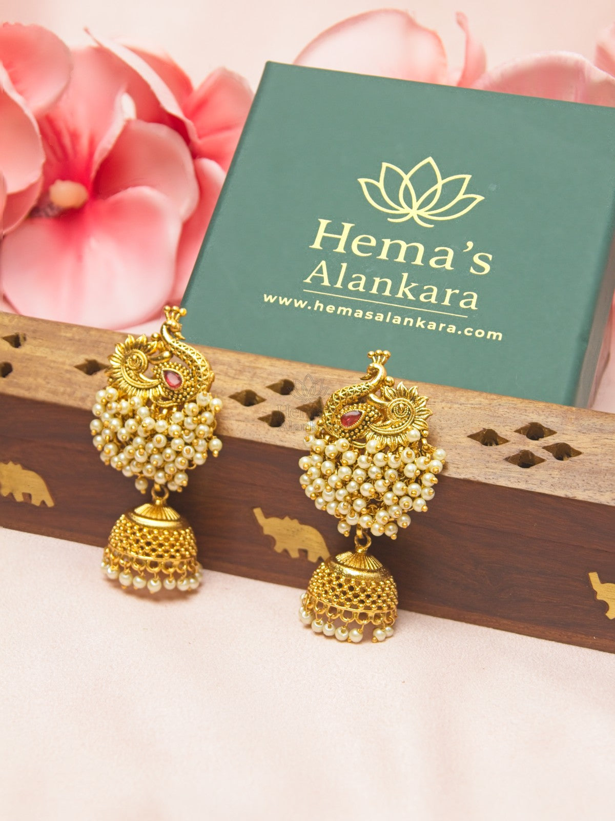 Antique Peacock White Bead Cluster Jhumka Earrings
