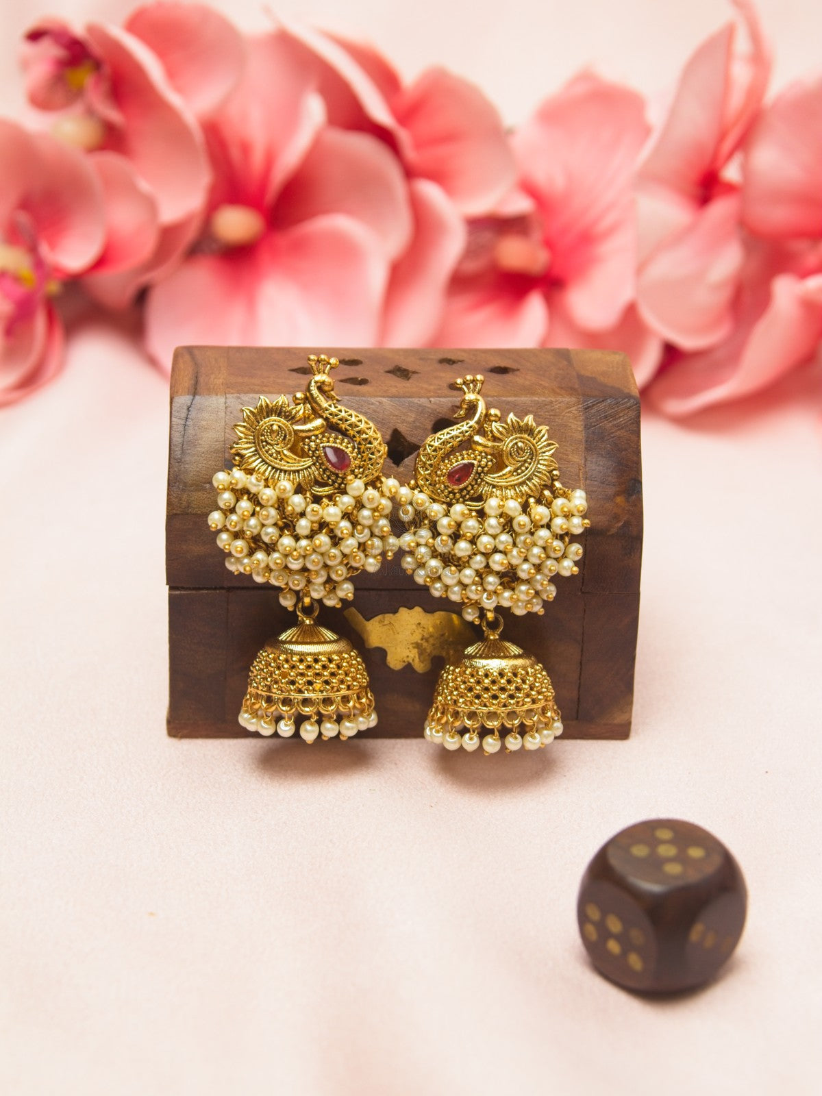 Antique Peacock White Bead Cluster Jhumka Earrings