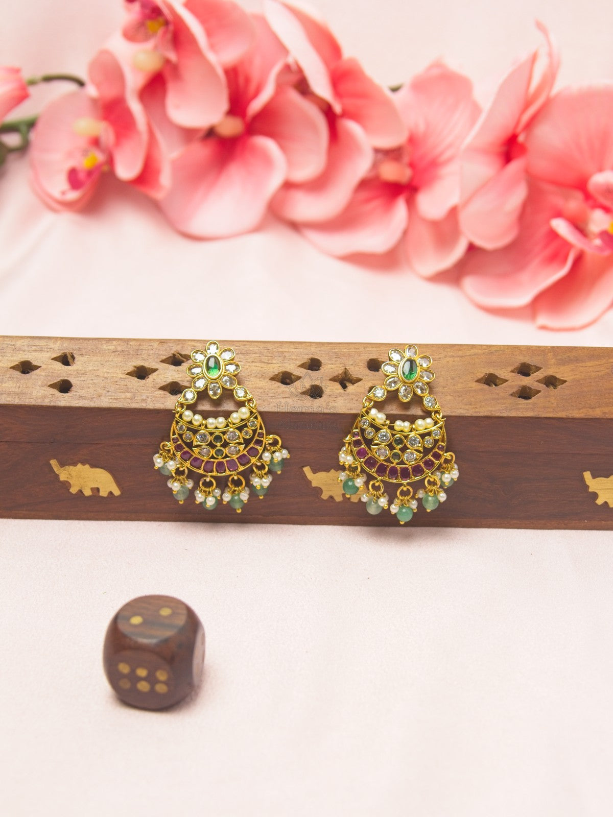 Antique Gold Ruby Green Kundan Chandbali Earrings with Pearl & Green Bead Drops