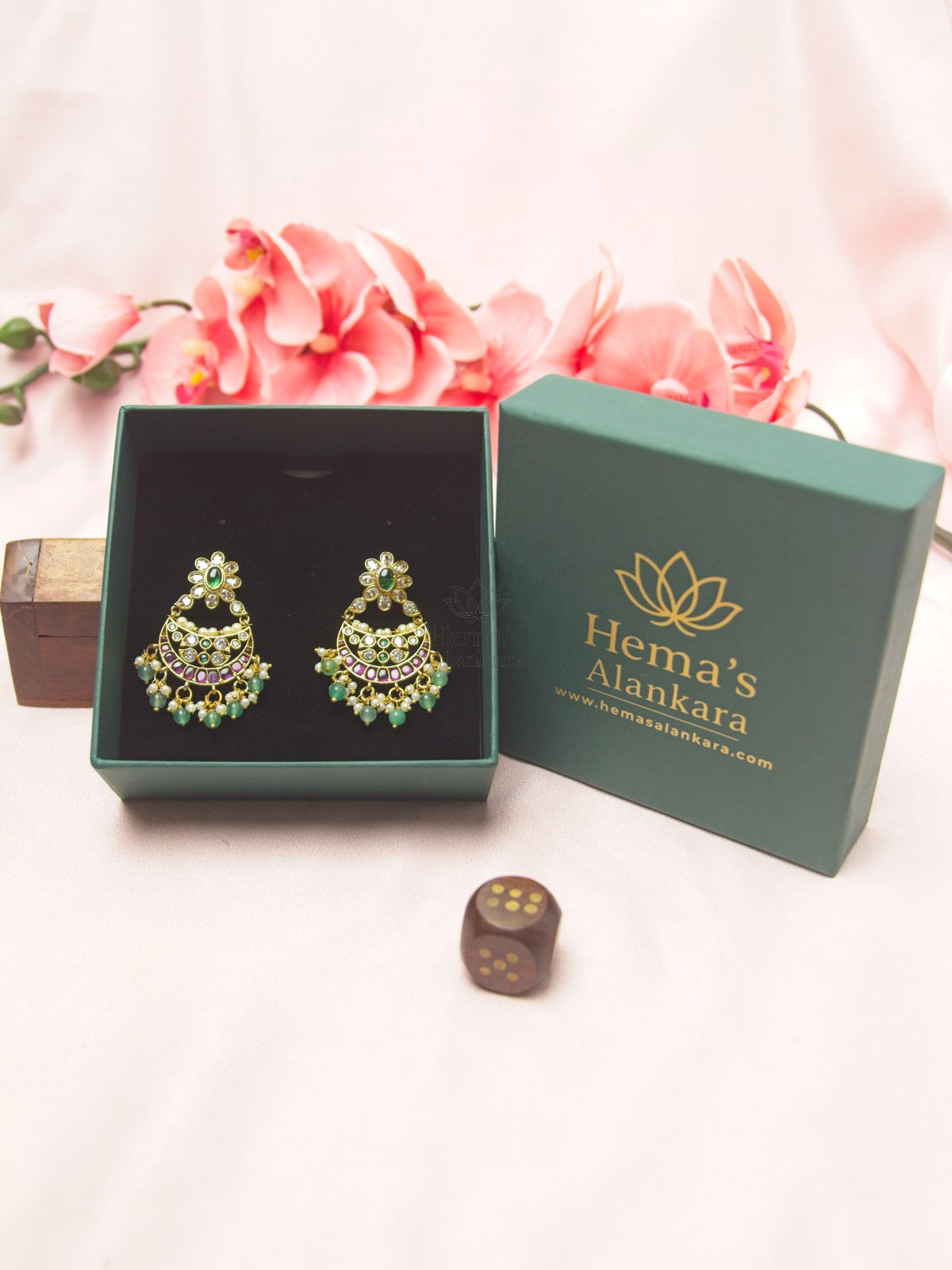 Antique Gold Ruby Green Kundan Chandbali Earrings with Pearl & Green Bead Drops