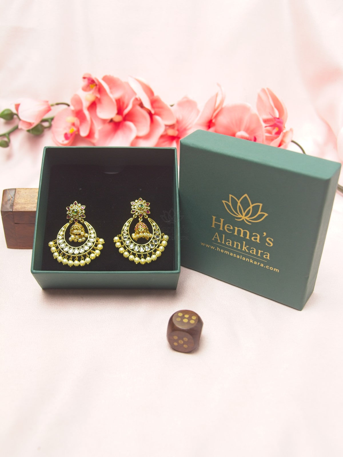 Antique Gold Chandbali Earrings with Hanging Kemp Jhumka & Pearl Drops