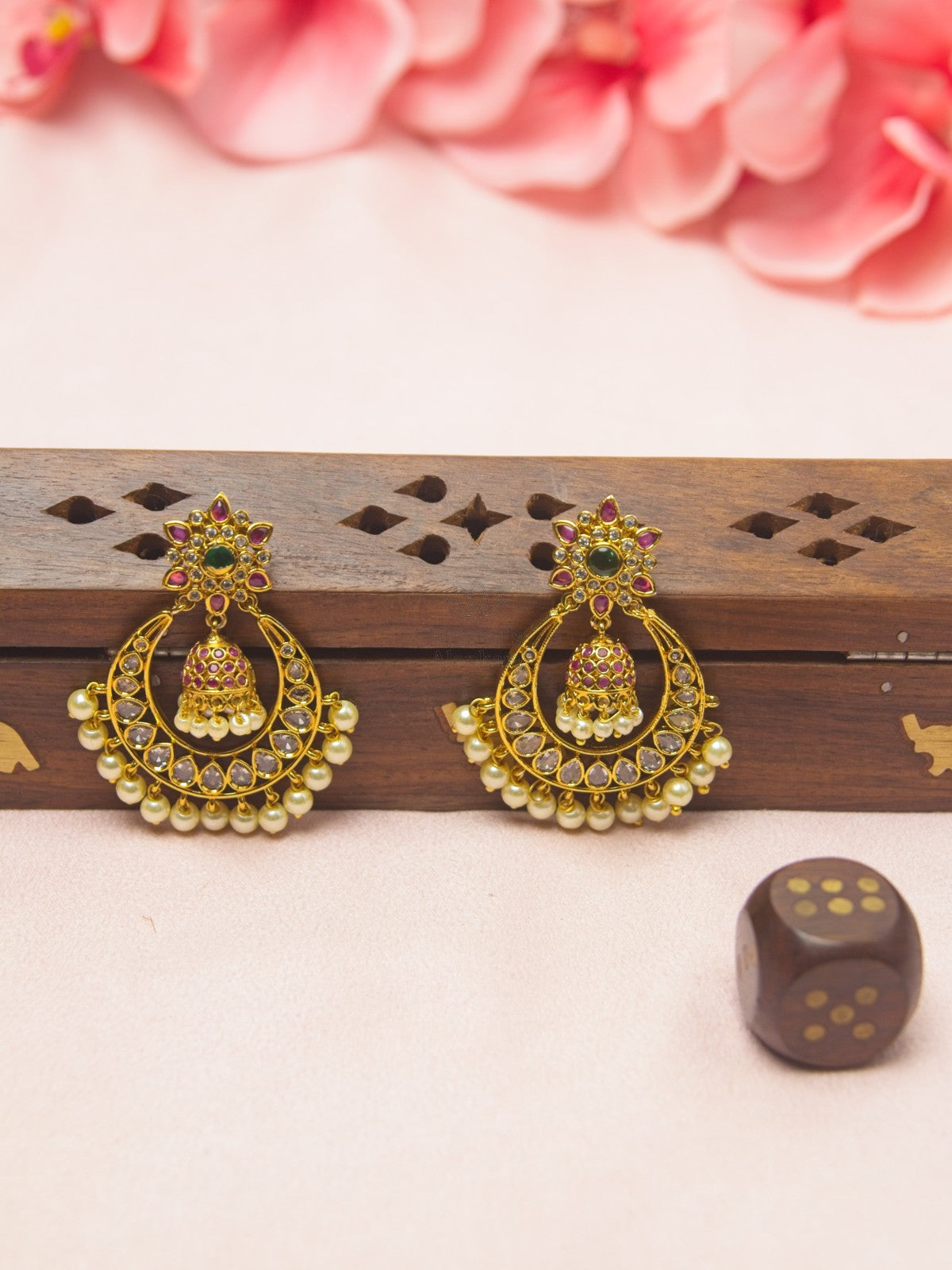 Antique Gold Chandbali Earrings with Hanging Kemp Jhumka & Pearl Drops