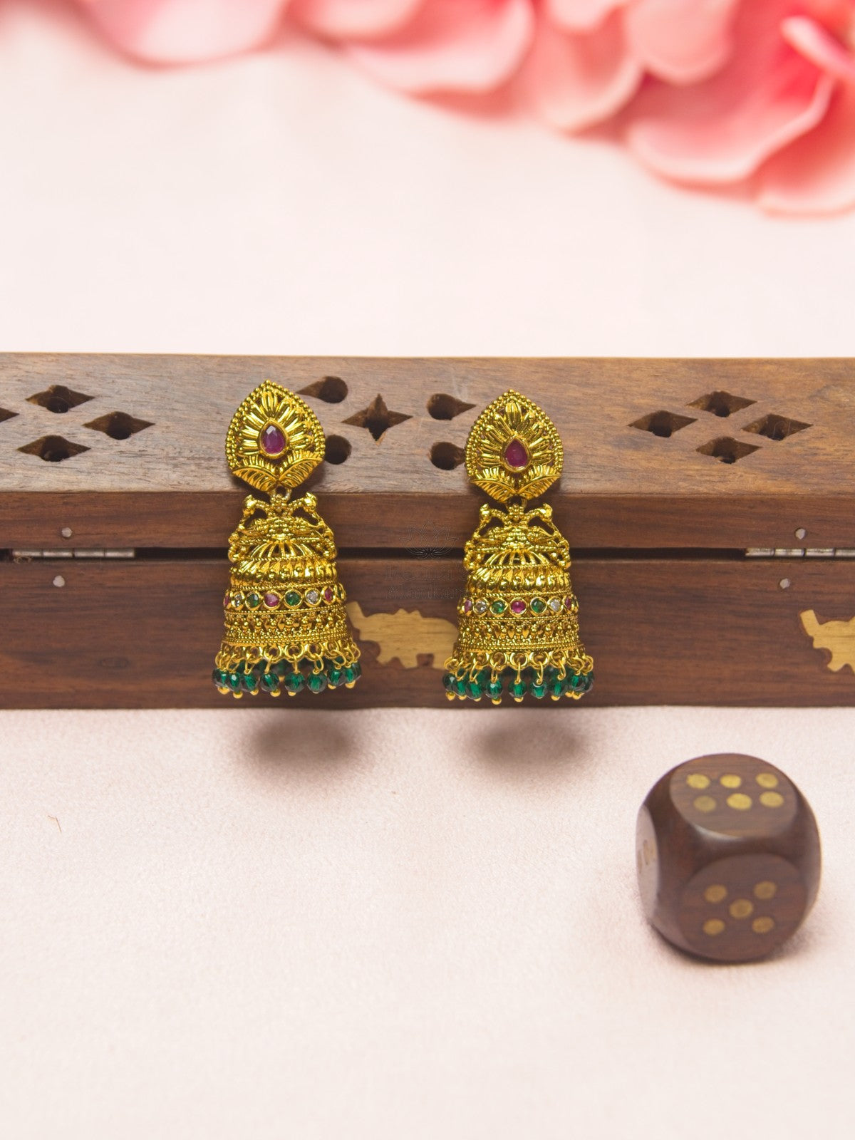 Antique Gold Peacock Jhumka Earrings with Ruby Green Stones & Green Beads