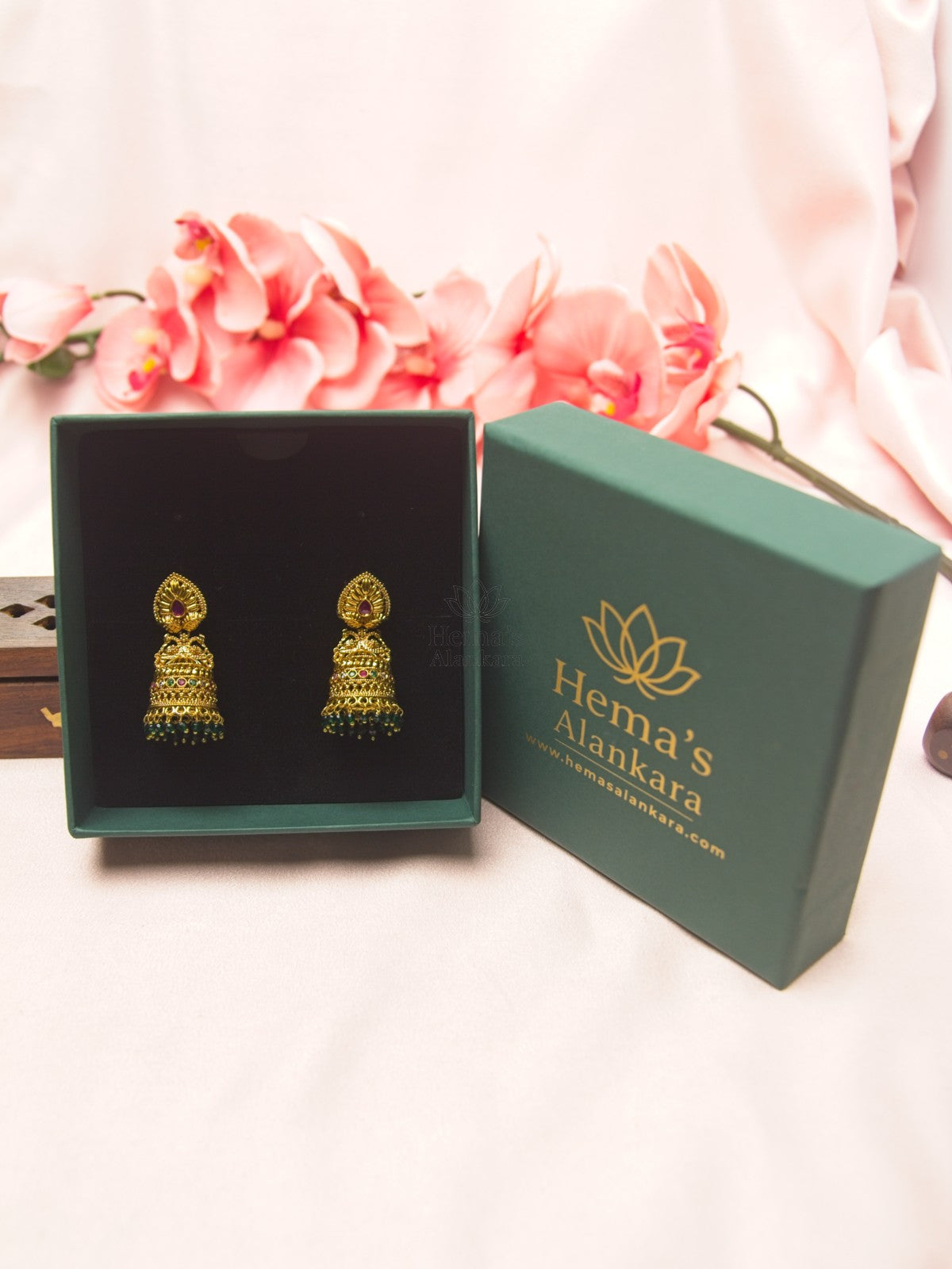 Antique Gold Peacock Jhumka Earrings with Ruby Green Stones & Green Beads