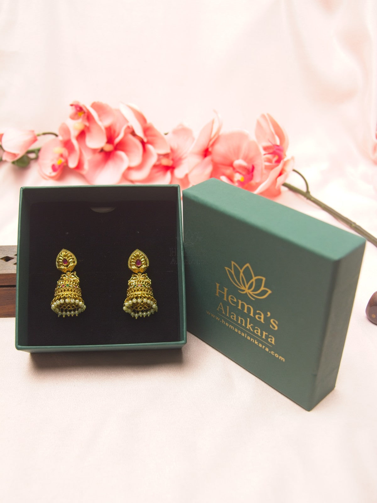 Antique Gold Peacock Jhumka Earrings with Multicolor Stones & Pearl Drops