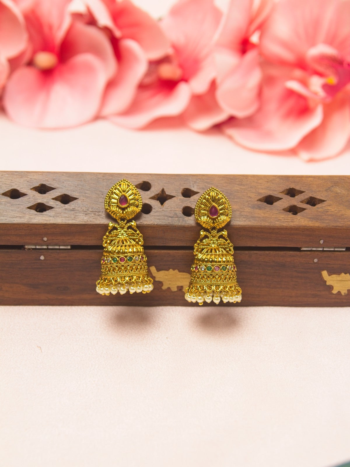 Antique Gold Peacock Jhumka Earrings with Multicolor Stones & Pearl Drops