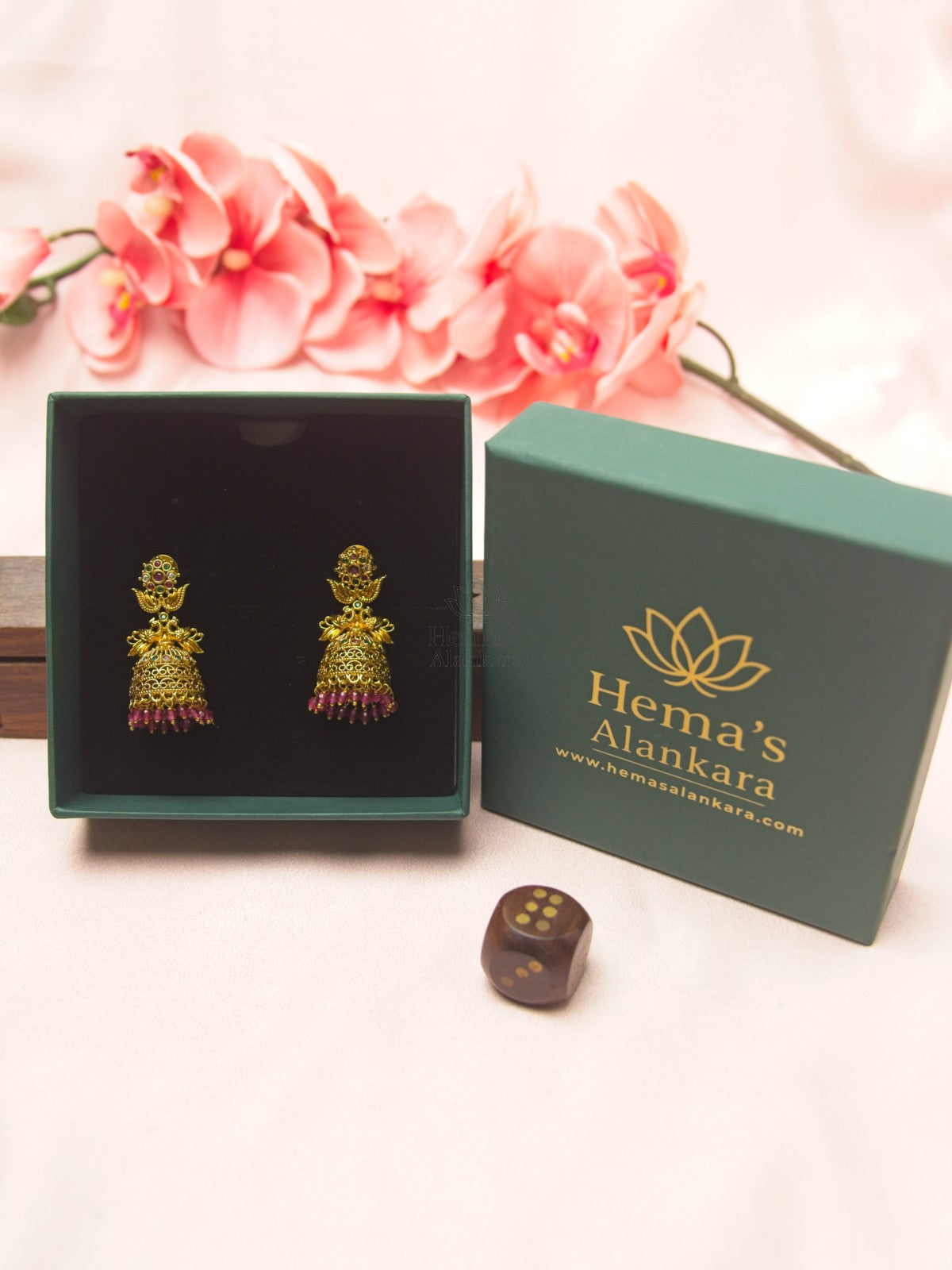 Antique Gold Peacock Jhumka Earrings with Ruby Green Stones & Pink Beads